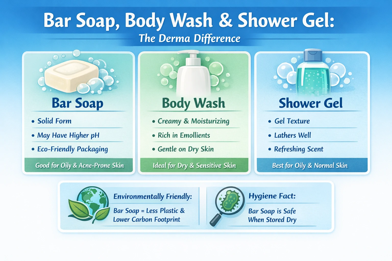 Bar Soap vs. Body Wash vs. Shower Gel: The Derma Difference